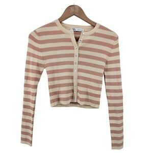 Zara Striped Ribbed Crop Cardigan in Beige and Blush